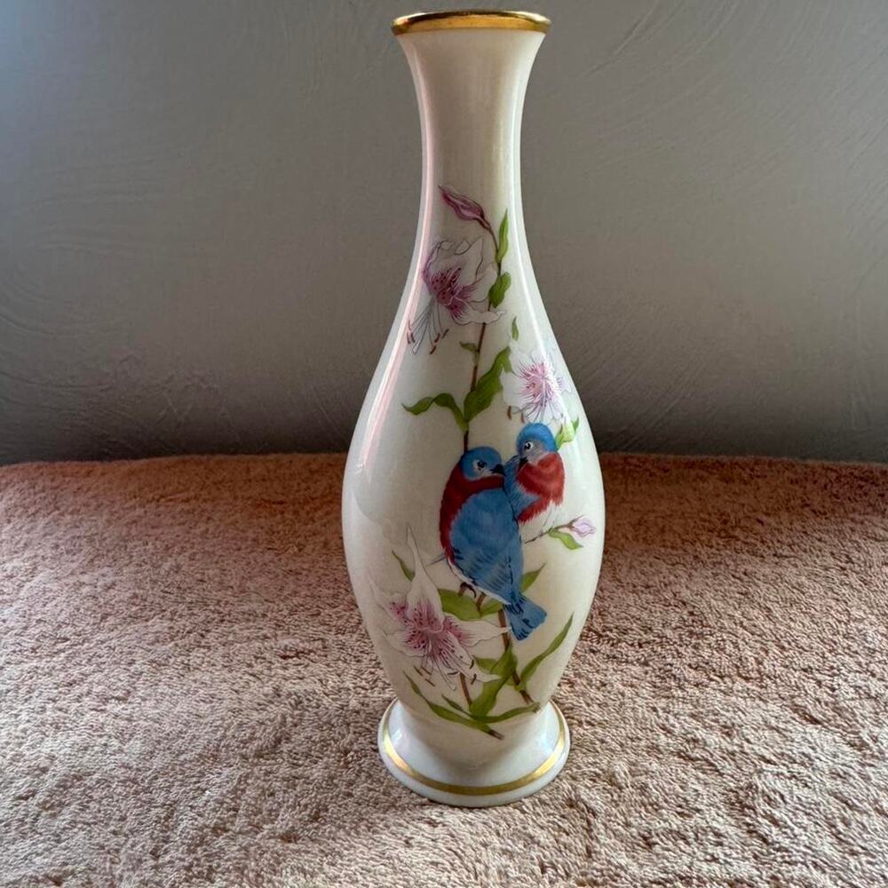The Lenox Eternal Love Vase Limited Edition with blue birds and pink flowers